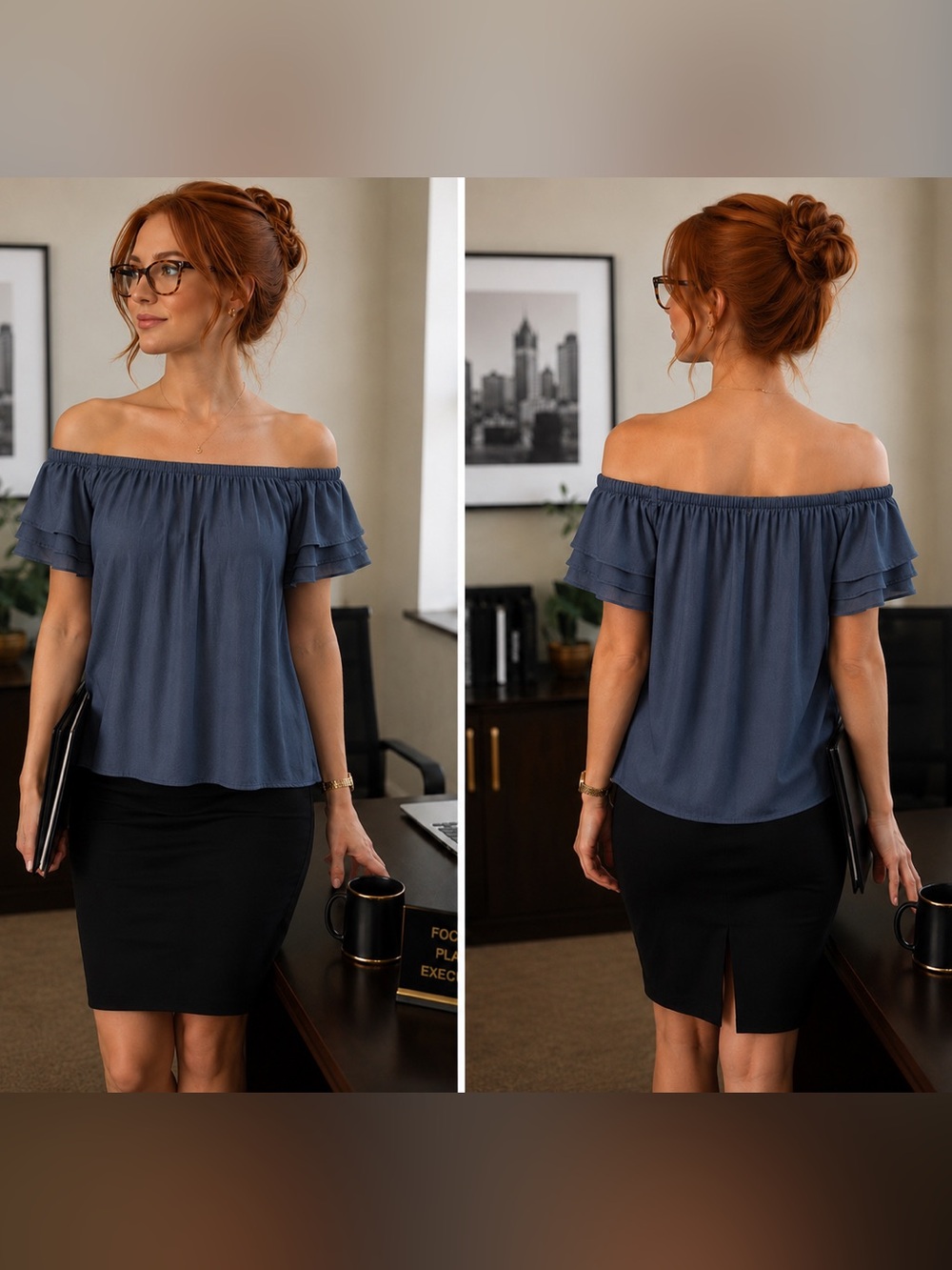 LOFT Off-Shoulder Ruffle Sleeve Top in Slate Blue